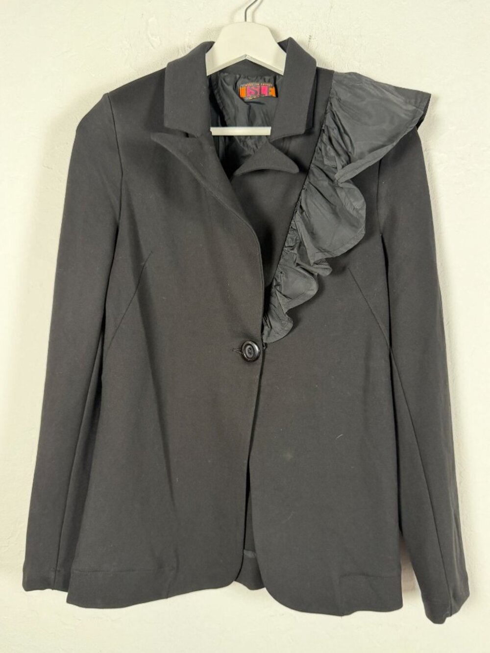 Isle by Melis Kozan Women's Black Blazer Jacket Ruffle Trim One Button Size XS